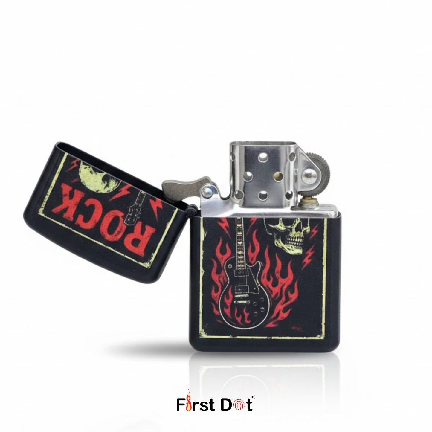 Zippo lighters with rock-themed design on a white background