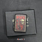 Lighter with 'Rock' design on a black leather surface, branded 'First Dot'.