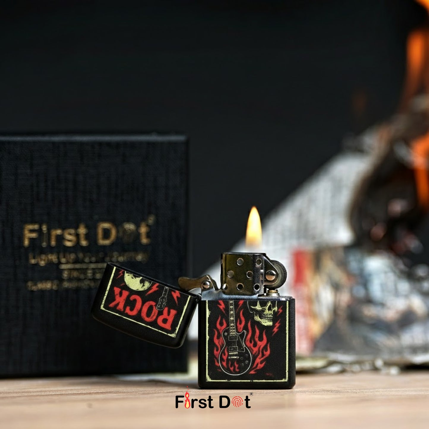 Lighter with 'Rock' and guitar design on a wooden surface with 'First Dot' branding.