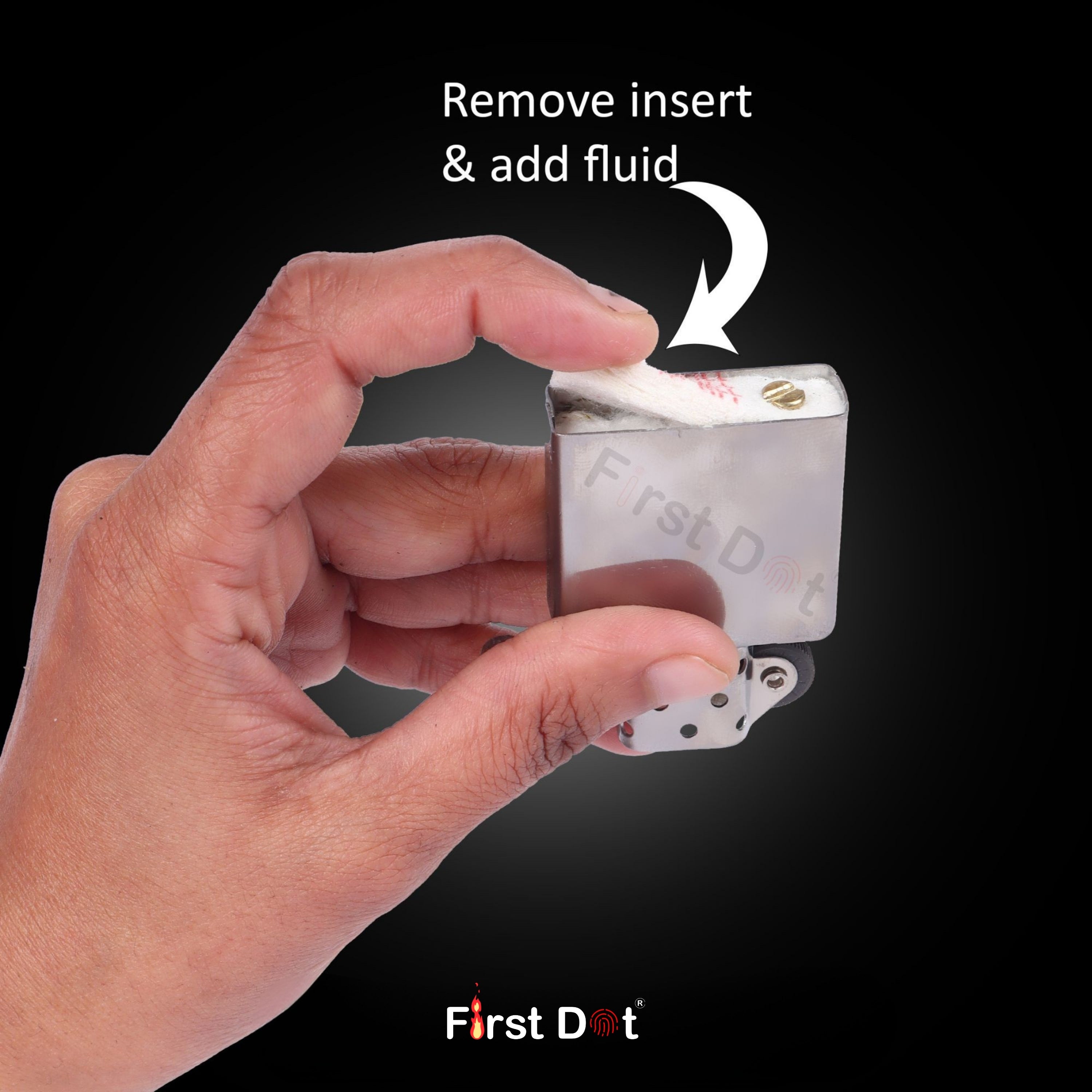 Hand holding a small device with 'First Dot' branding, showing how to remove an insert and add fluid.