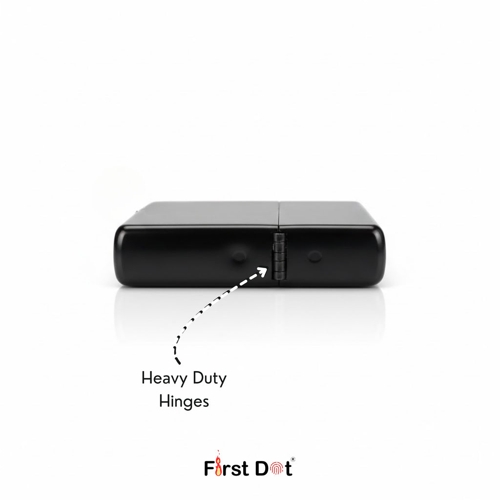 Black electronic device with 'Heavy Duty Hinges' labeled on a white background, featuring the 'First Dot' brand.