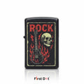 Lighter with rock-themed design featuring a guitar, skull, and flames on a black background.