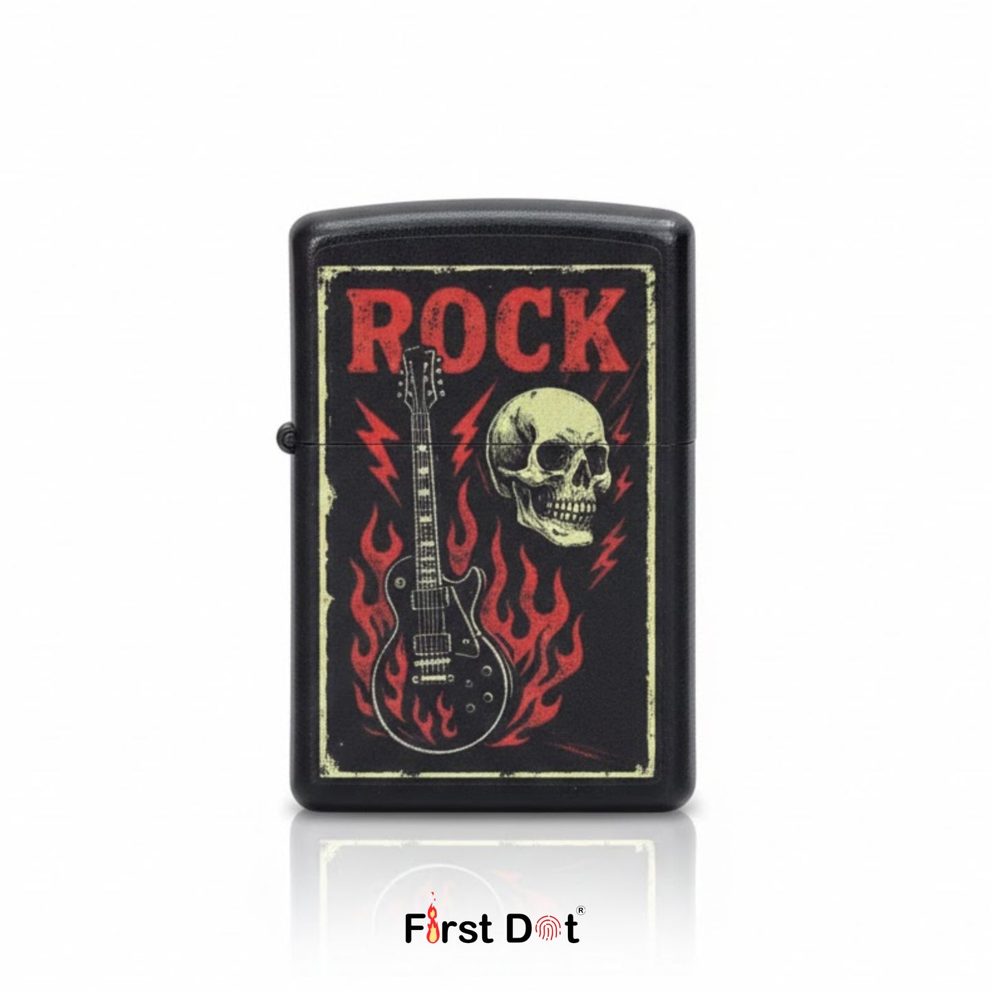 Lighter with rock-themed design featuring a guitar, skull, and flames on a black background.