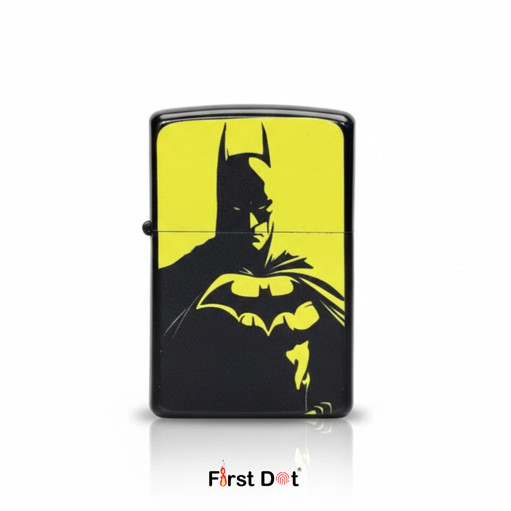 Batman silhouette on a black and yellow Zippo lighter with 'First Dot' branding.