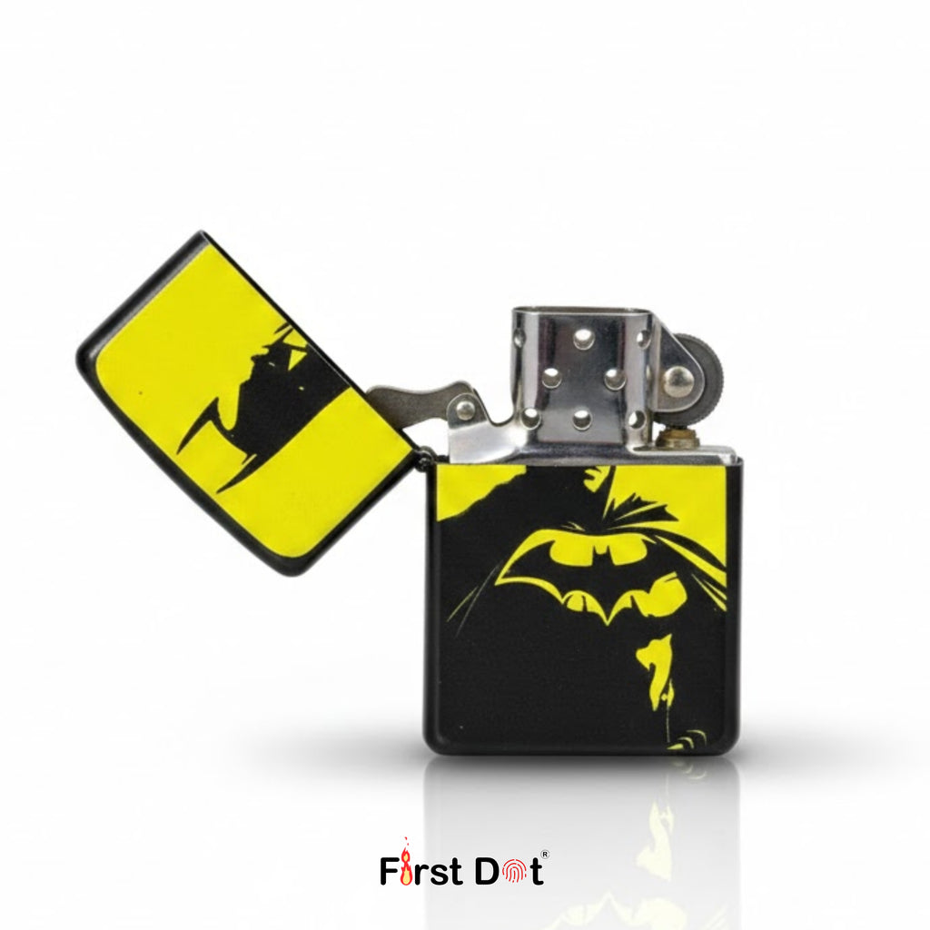Lighter with Batman design on a yellow and black background, branded 'First Dot'.