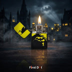 Lighter with Batman logo on a dark cityscape background