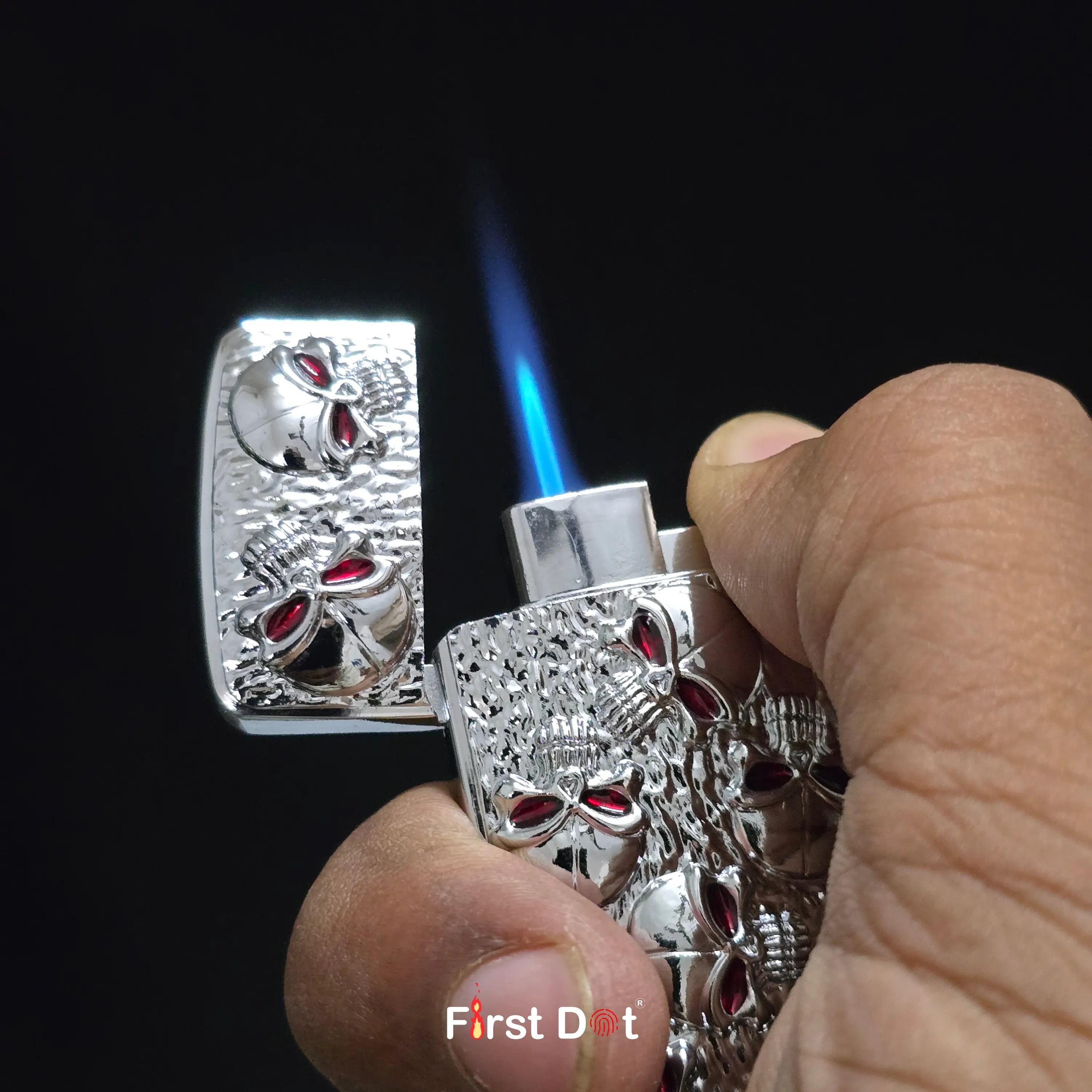 First Dot Skull Embossed Blue Jet Flame Lighter