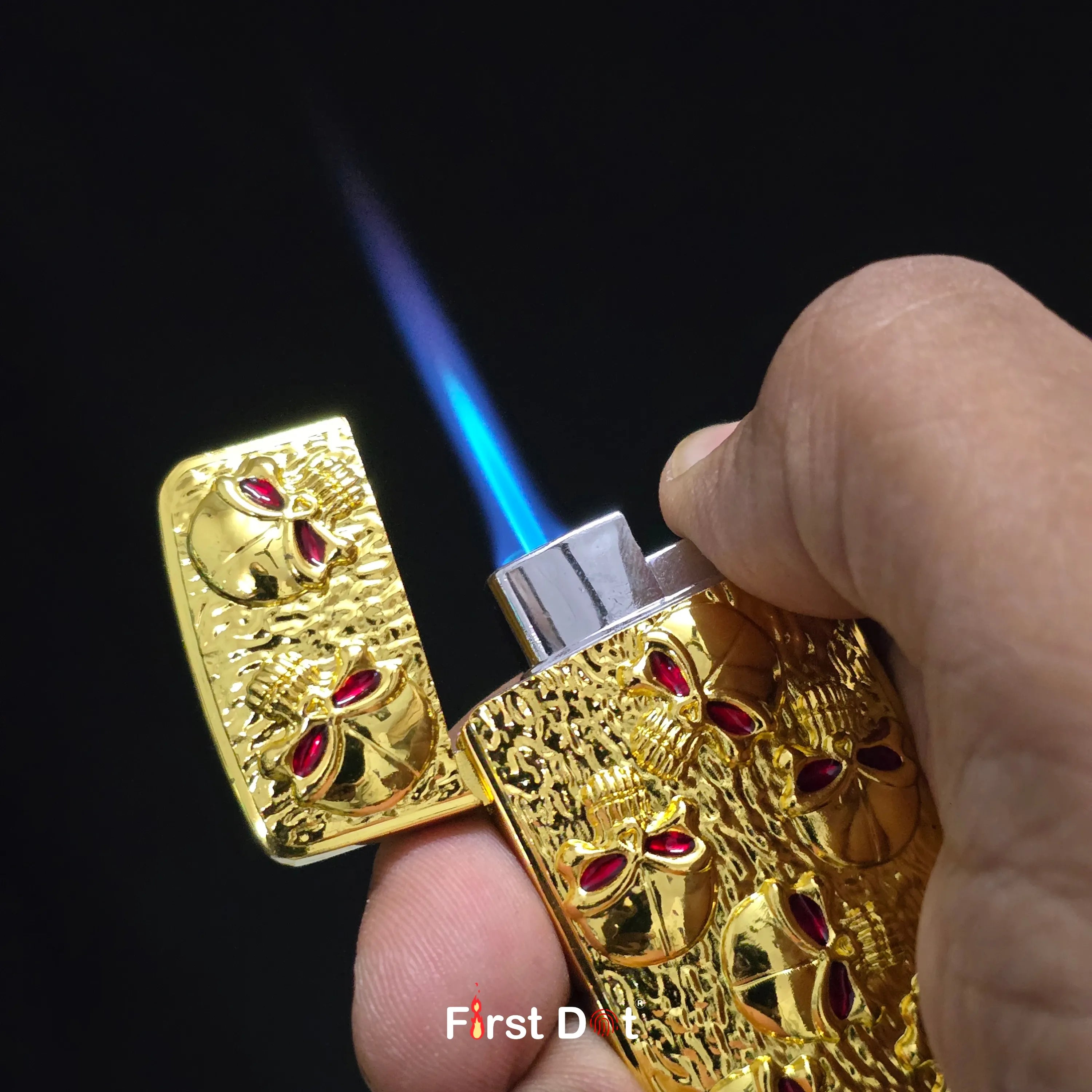 First Dot Skull Embossed Blue Jet Flame Lighter