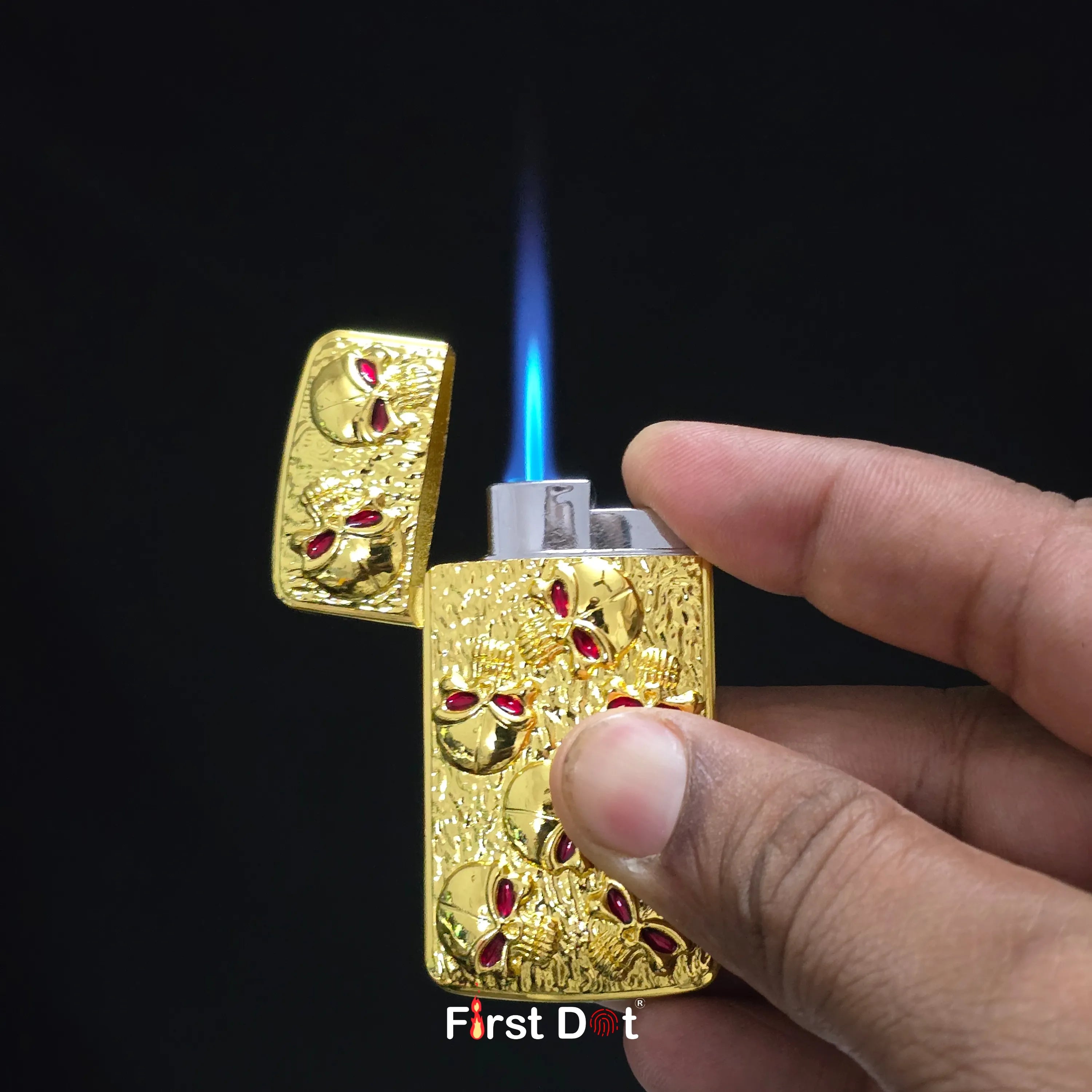 First Dot Skull Embossed Blue Jet Flame Lighter