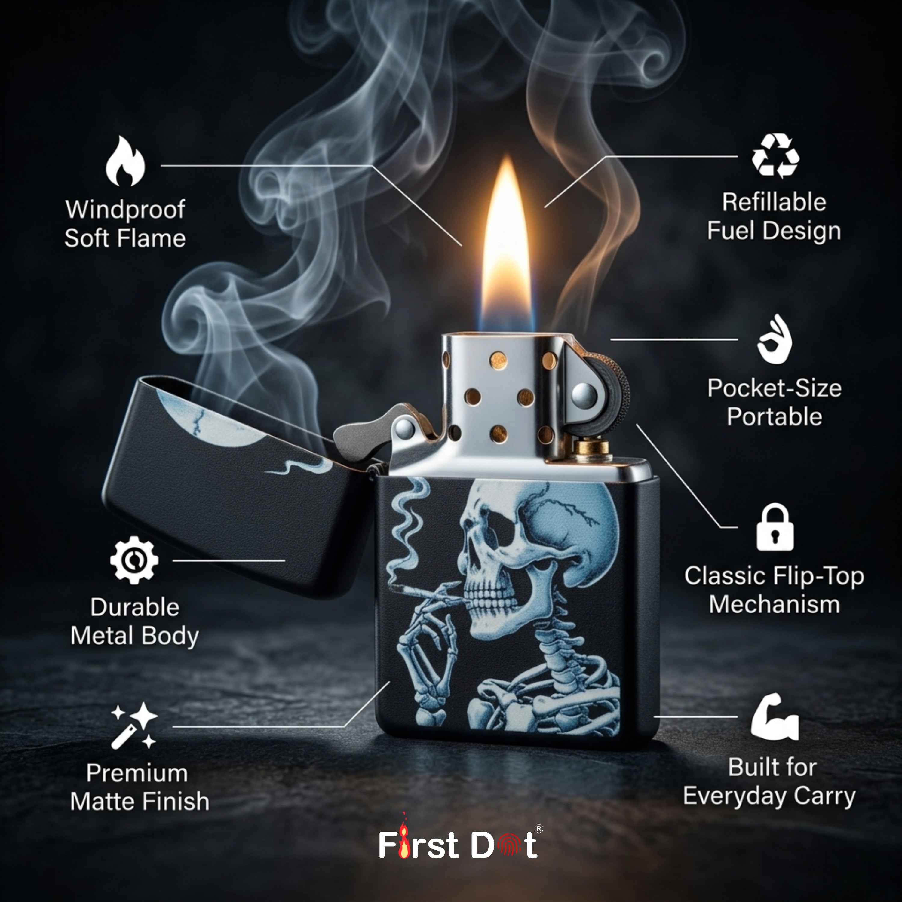 First Dot Smoking Skeleton Windproof Cigarette Lighter