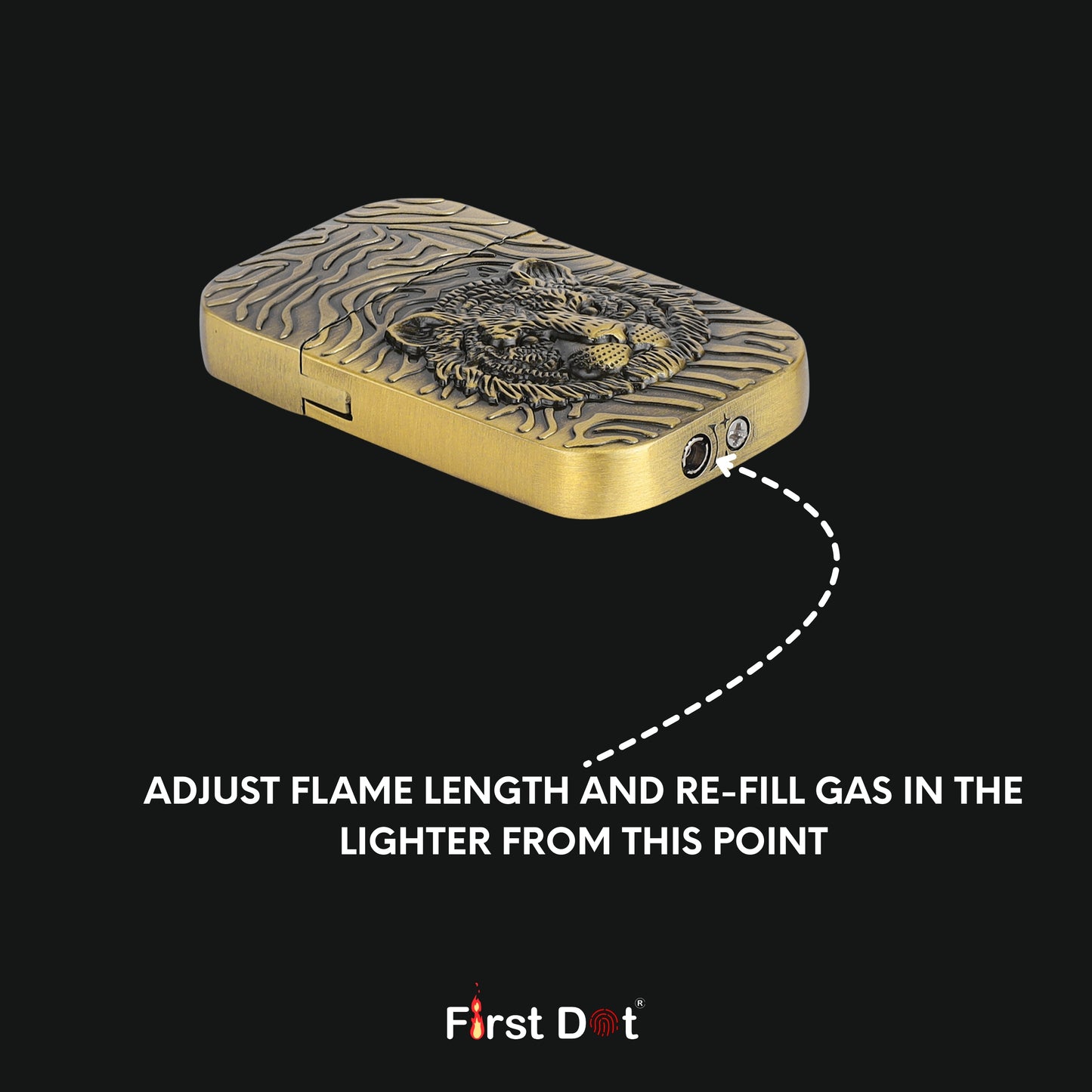 Gold lighter with dragon design on a black background, featuring text on adjusting flame length and refilling gas.