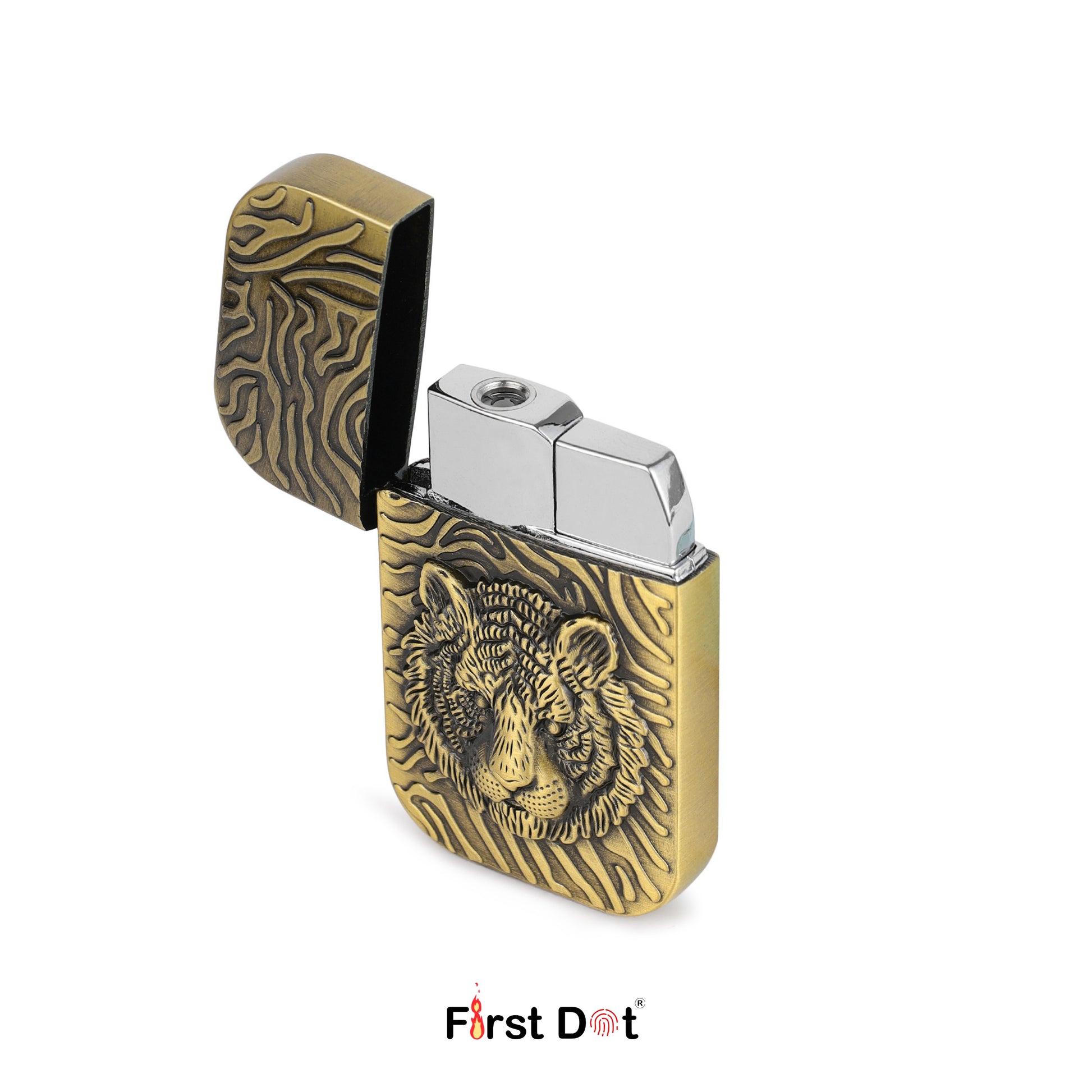 Gold lighter with lion design on a white background, branded 'First Dot'.