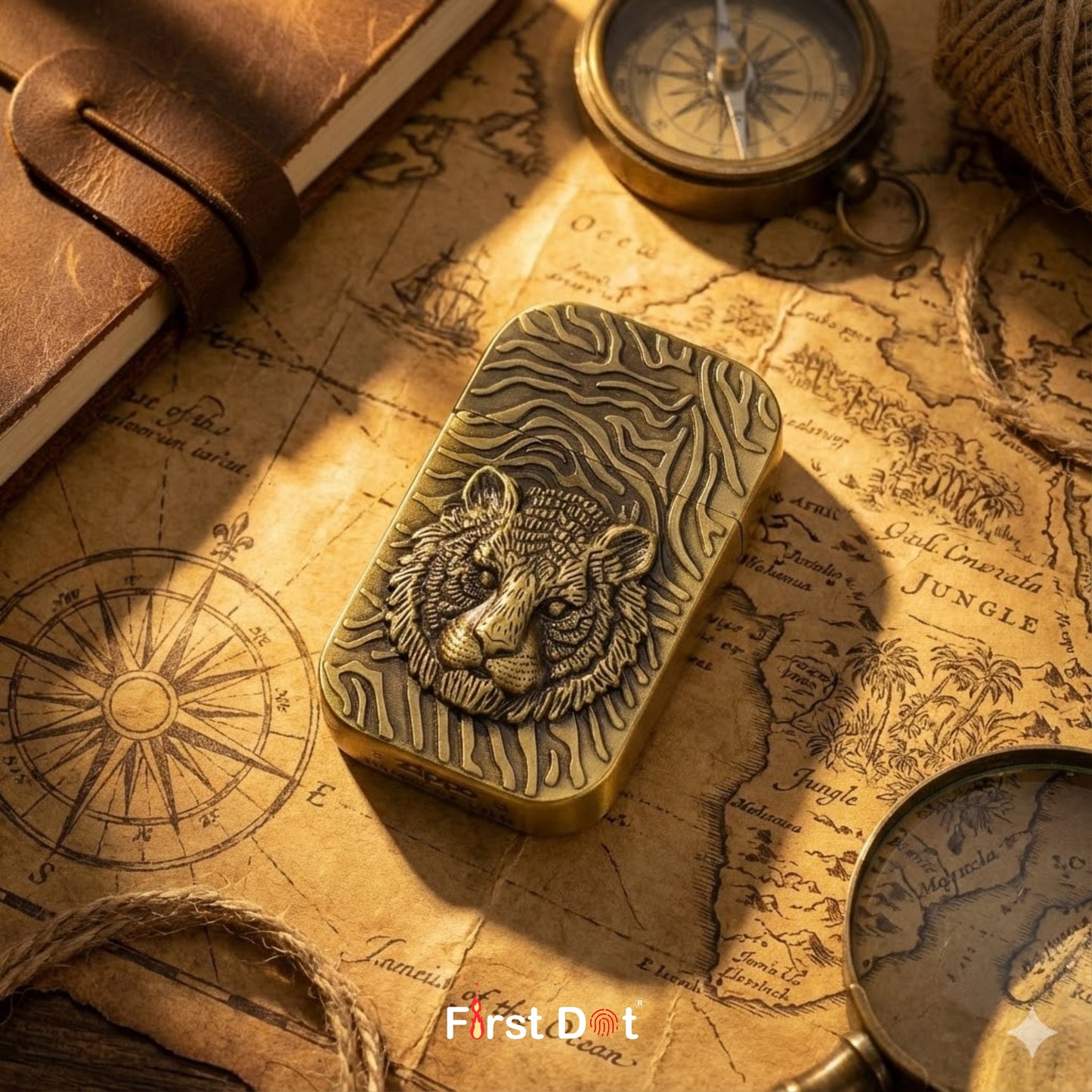 Dog tag with tiger design on an old map with compasses, featuring 'First Dot' branding.