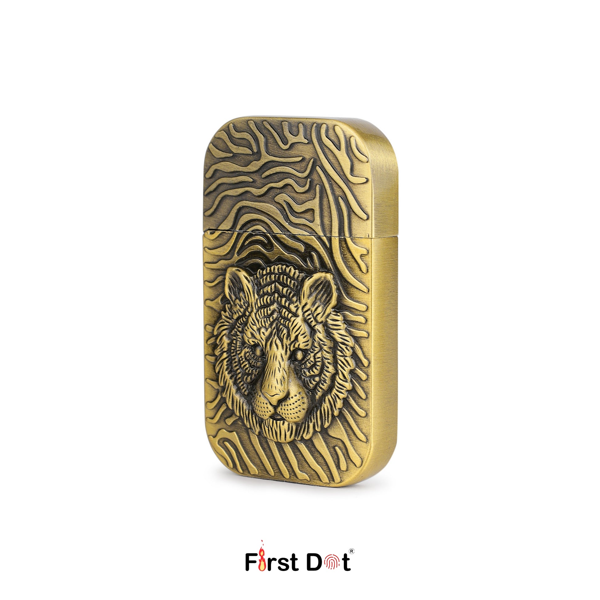 Gold lighter with tiger design on a white background, branded 'First Dot'.