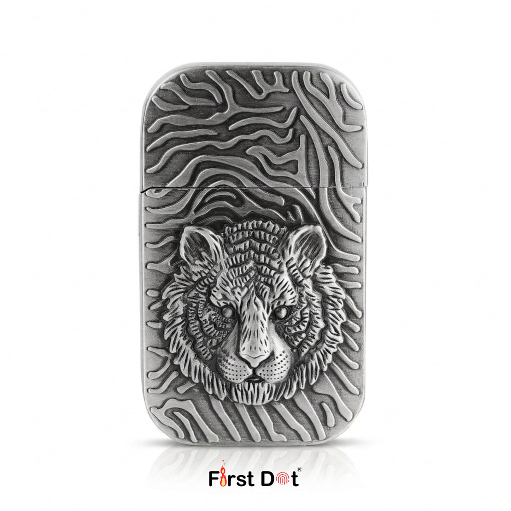 First Dot Tiger Face Engraved Red Jet Flame Windproof Lighter