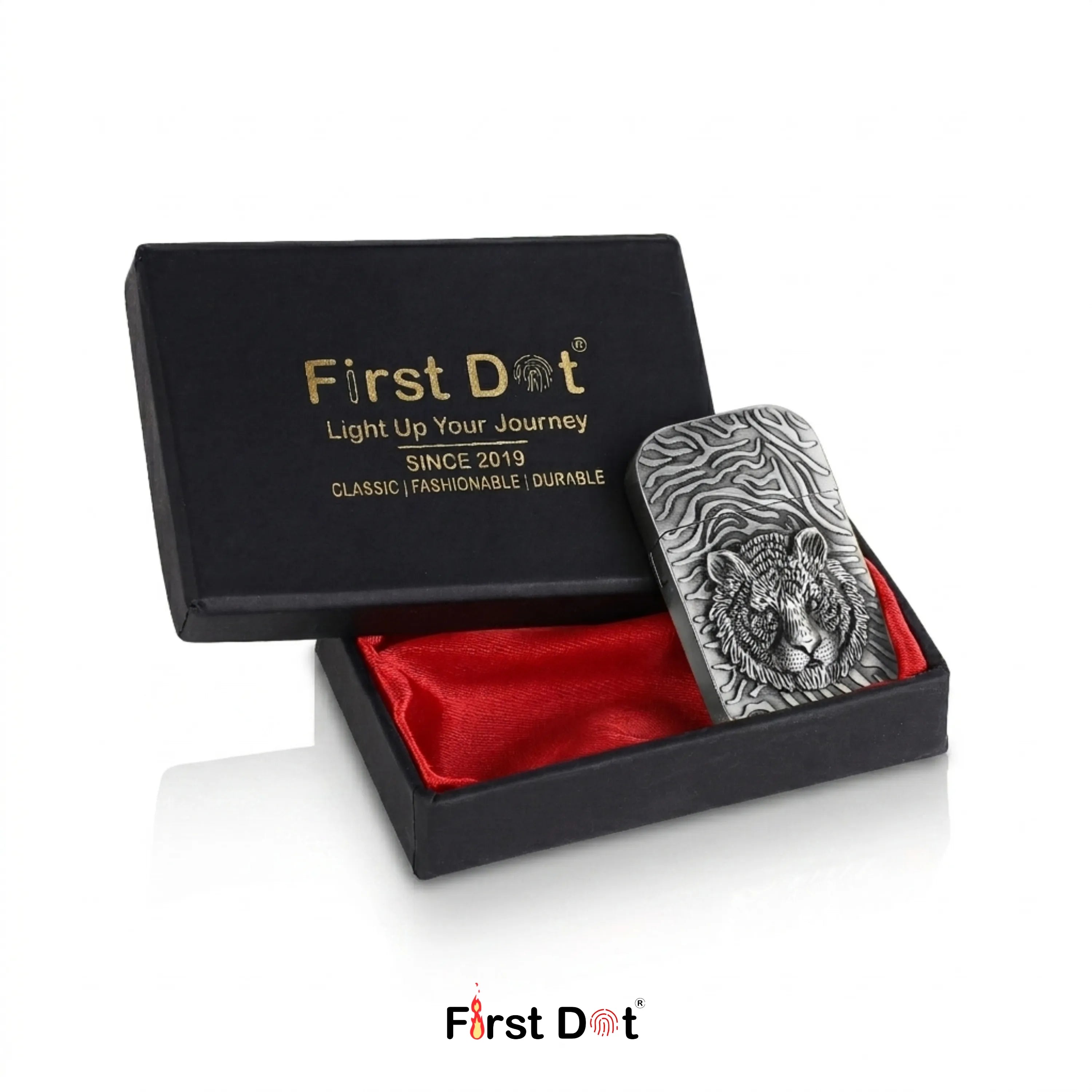 First Dot Tiger Face Engraved Red Jet Flame Windproof Lighter