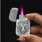 First Dot Tiger Face Engraved Red Jet Flame Windproof Lighter