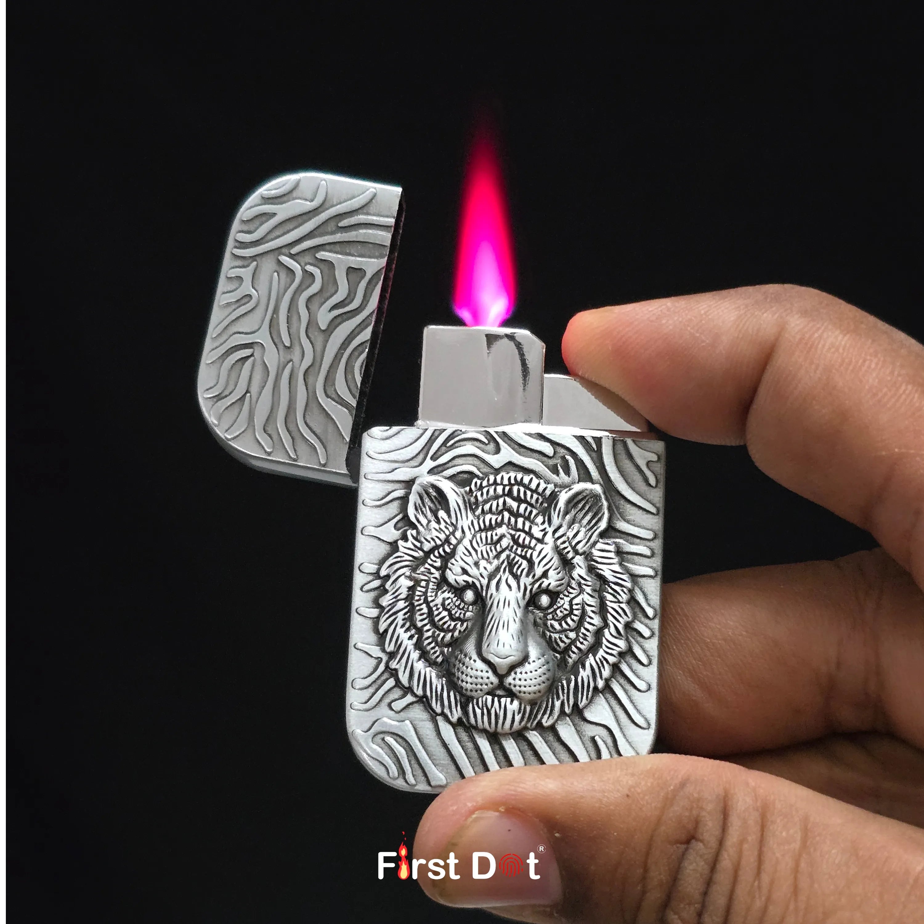 First Dot Tiger Face Engraved Red Jet Flame Windproof Lighter