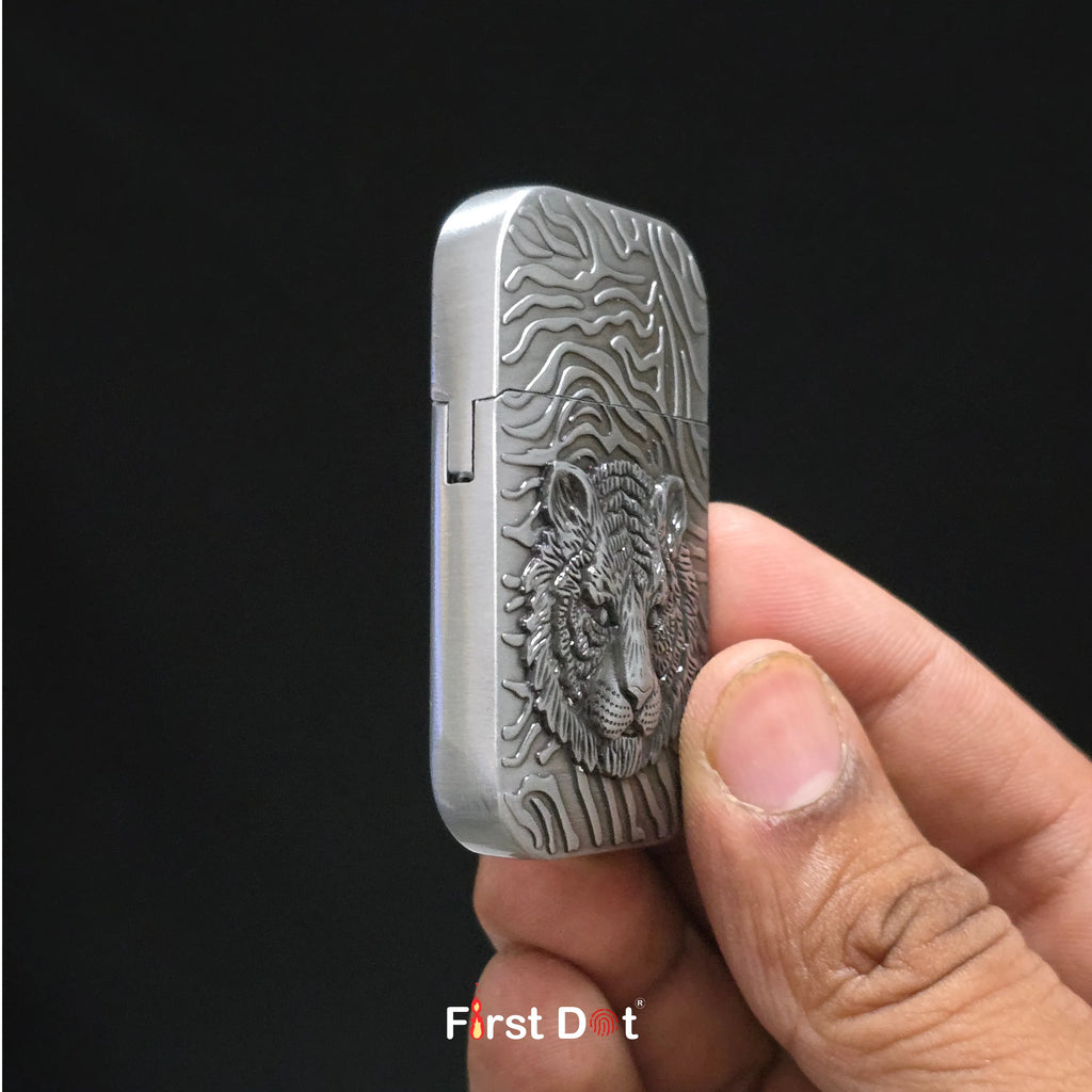 First Dot Tiger Face Engraved Red Jet Flame Windproof Lighter