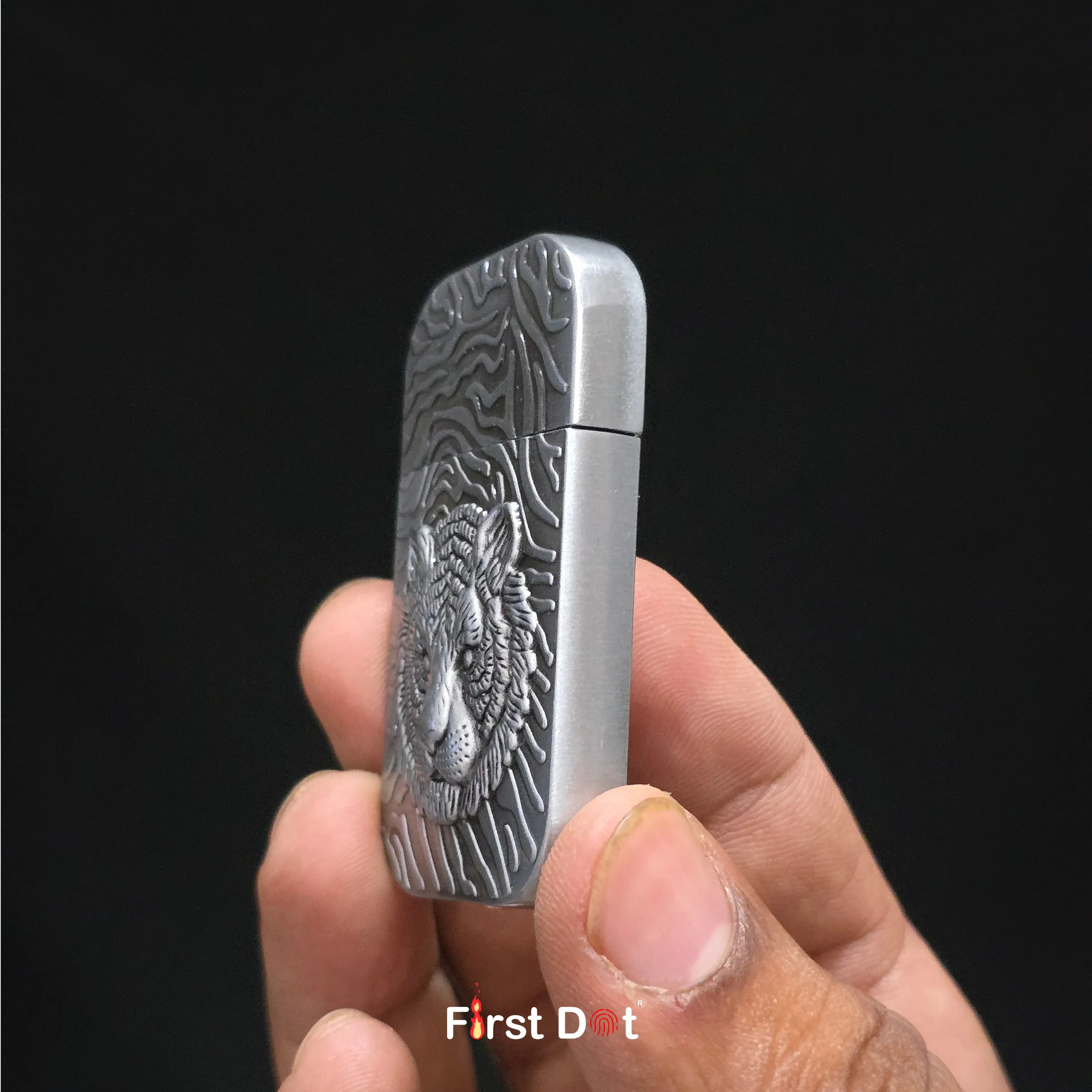 First Dot Tiger Face Engraved Red Jet Flame Windproof Lighter