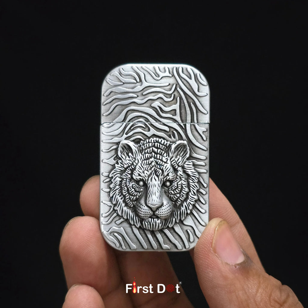 First Dot Tiger Face Engraved Red Jet Flame Windproof Lighter