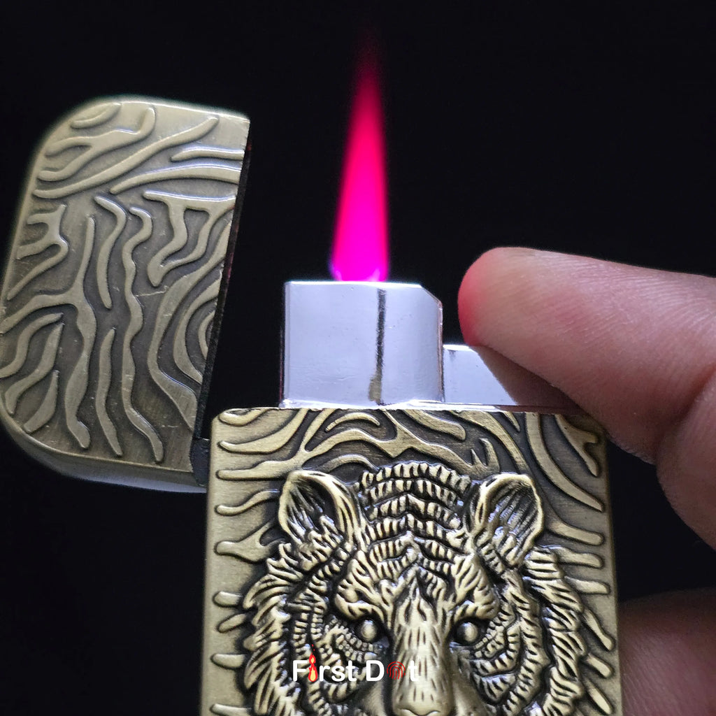 First Dot Tiger Face Engraved Red Jet Flame Windproof Lighter