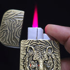 First Dot Tiger Face Engraved Red Jet Flame Windproof Lighter