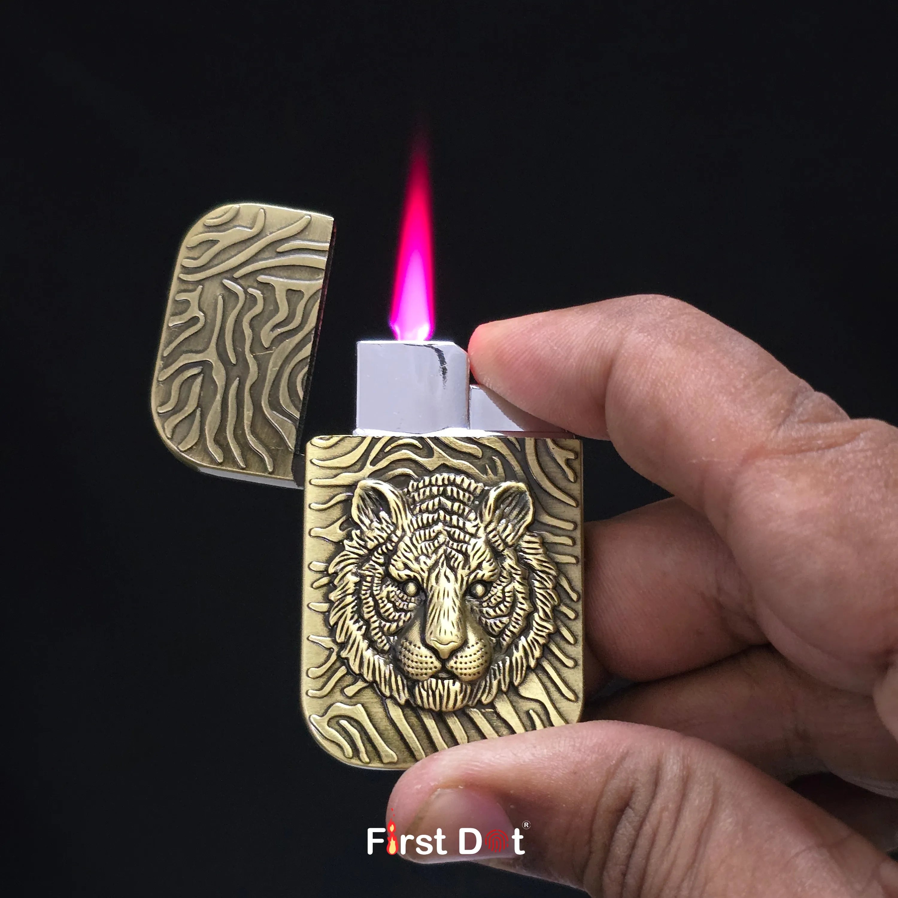 First Dot Tiger Face Engraved Red Jet Flame Windproof Lighter