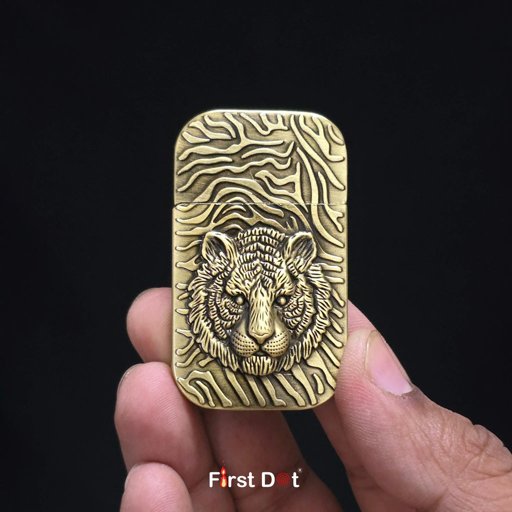 First Dot Tiger Face Engraved Red Jet Flame Windproof Lighter