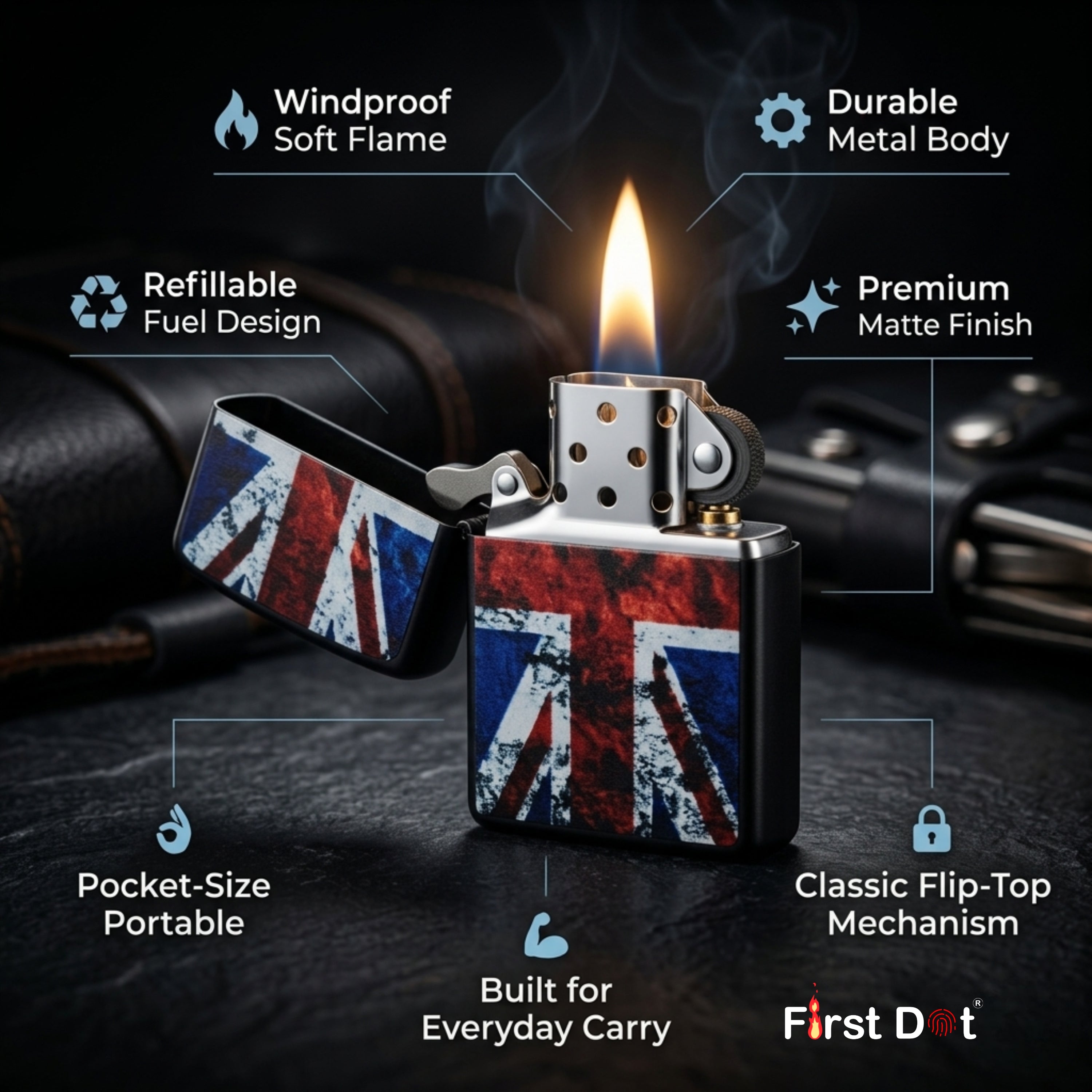 First Dot Vintage British Flag Windproof Cigarette Lighter