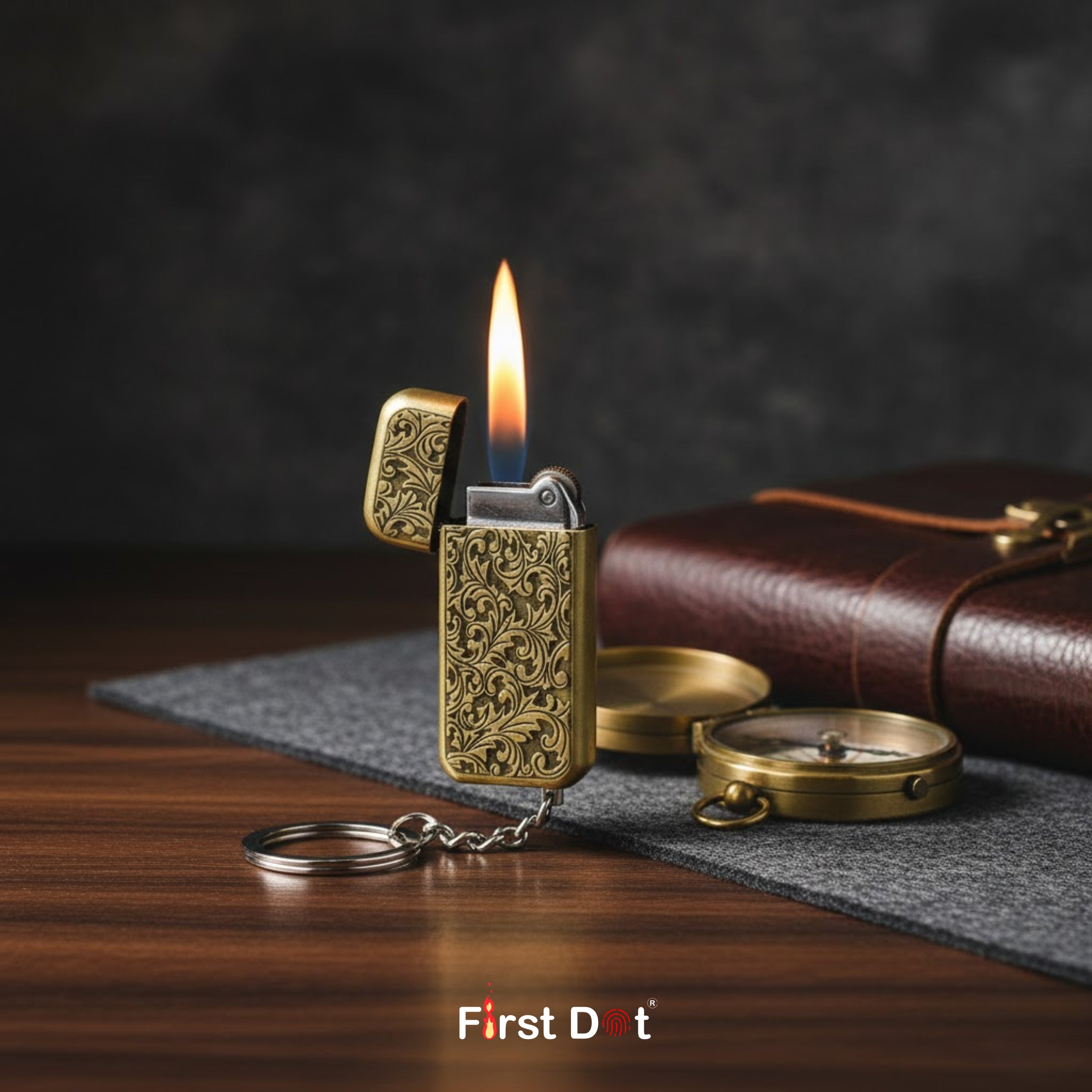 Vintage Engraved Metal Keychain Lighter Gold