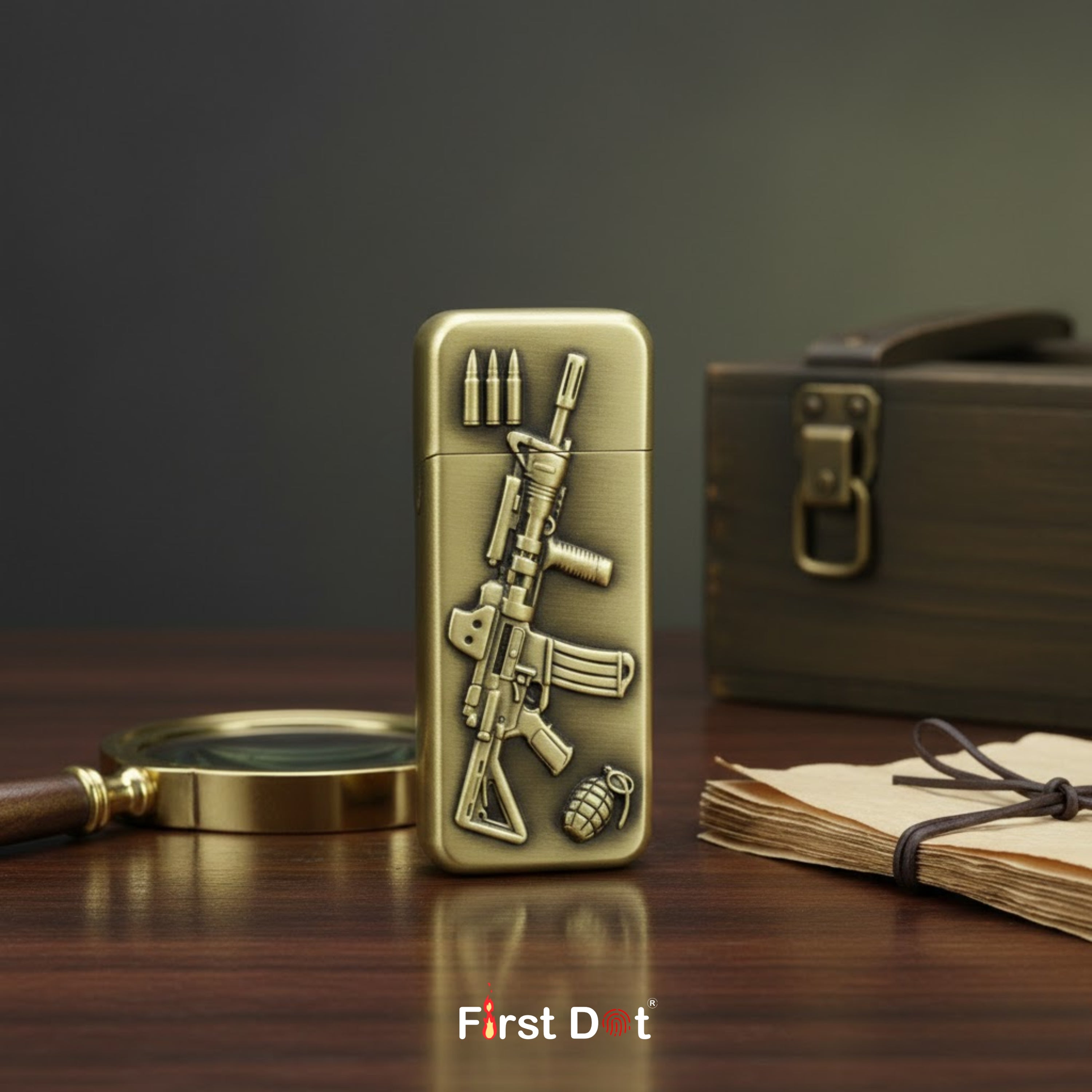 Antique Rifle Engraved Vintage Fancy Metal Cigarette Lighter