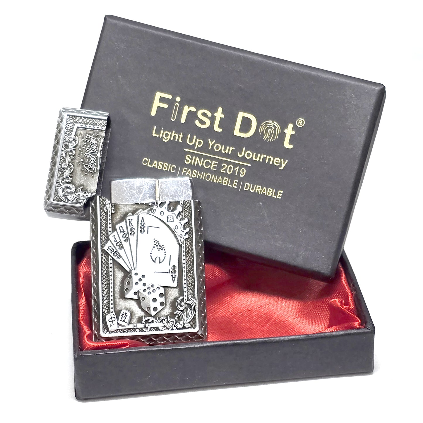 Good Luck Dice Embossed Refillable Cigarette Lighter Silver