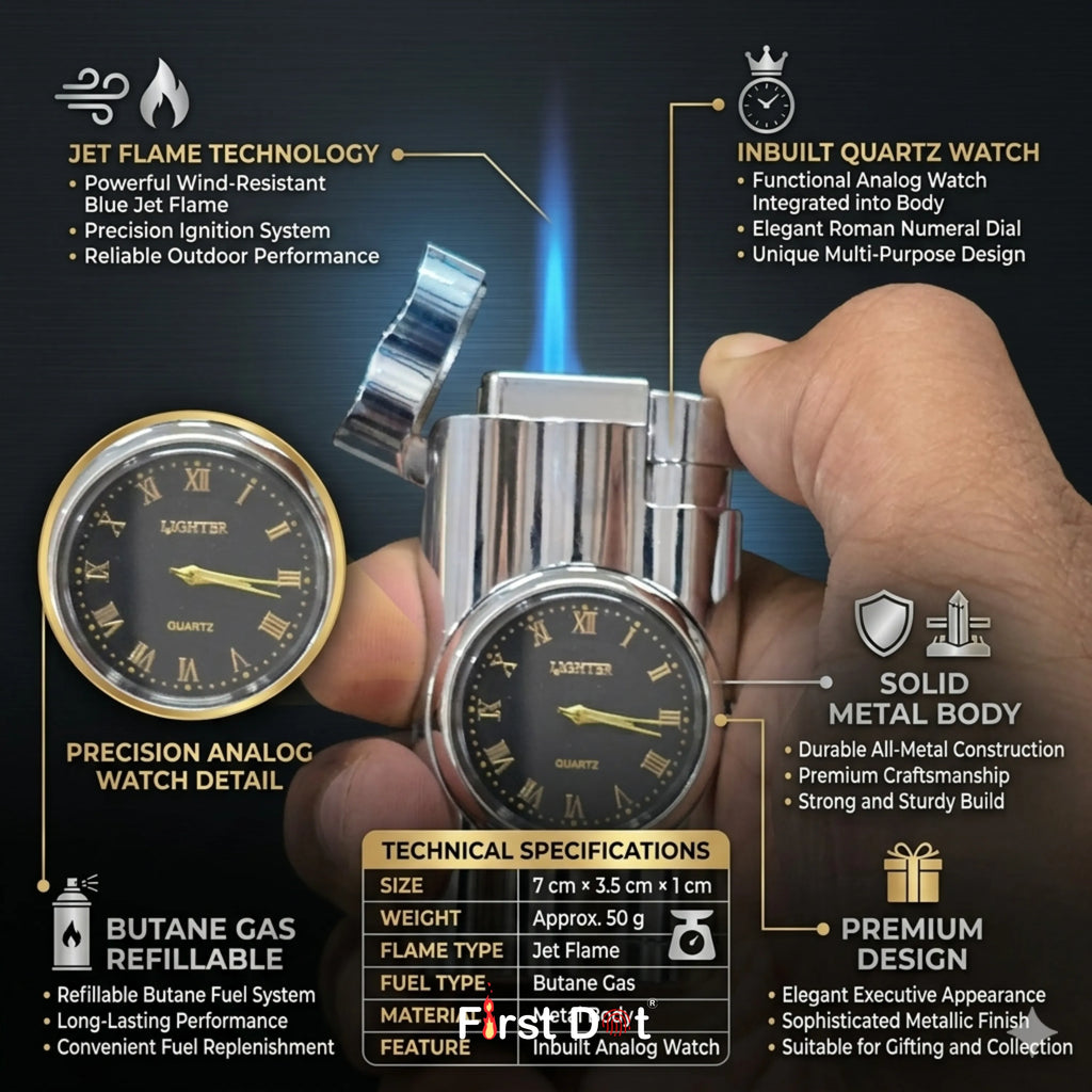 First Dot Vintoro Jet Flame Built-In Quartz Analog Watch Lighter