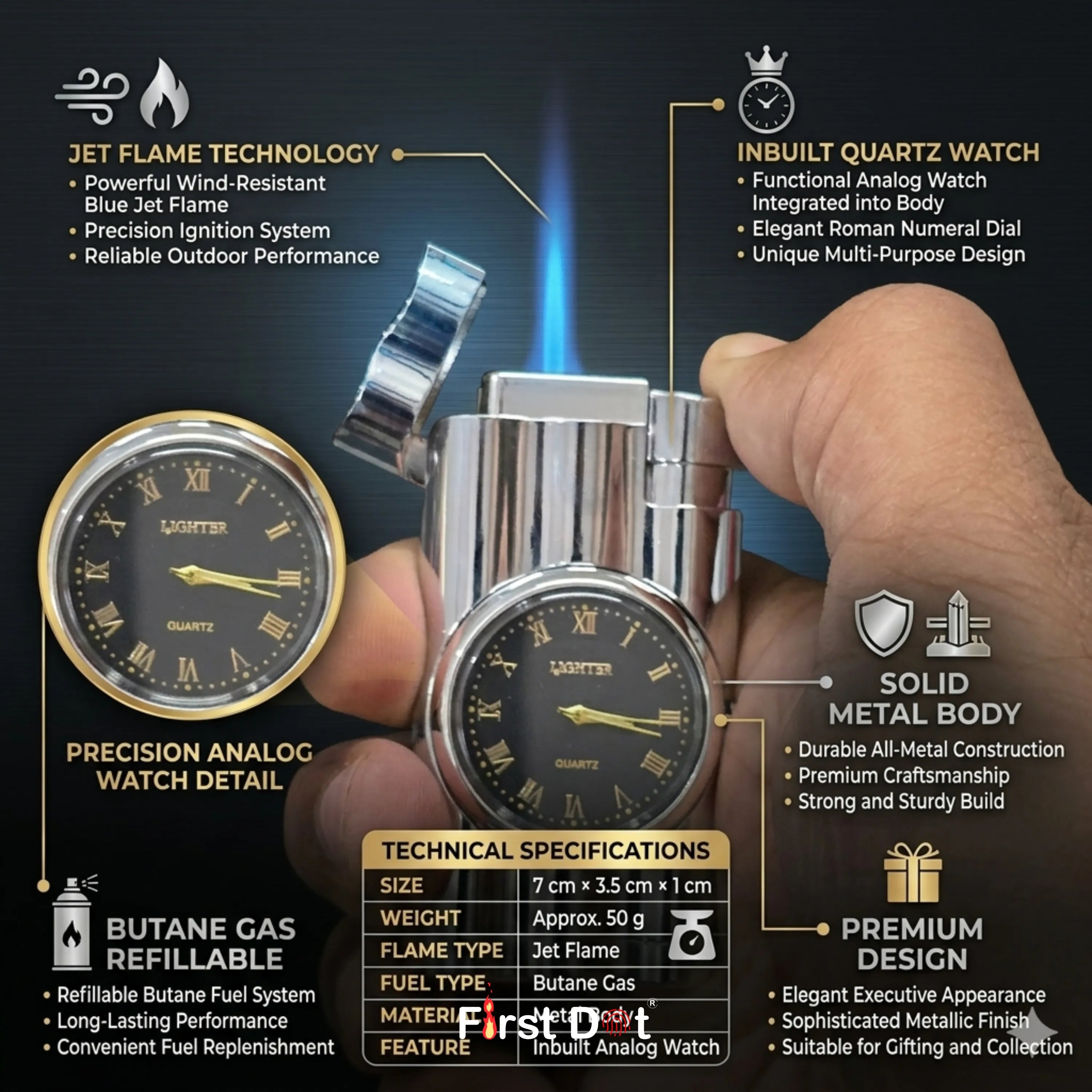 First Dot Vintoro Jet Flame Built-In Quartz Analog Watch Lighter
