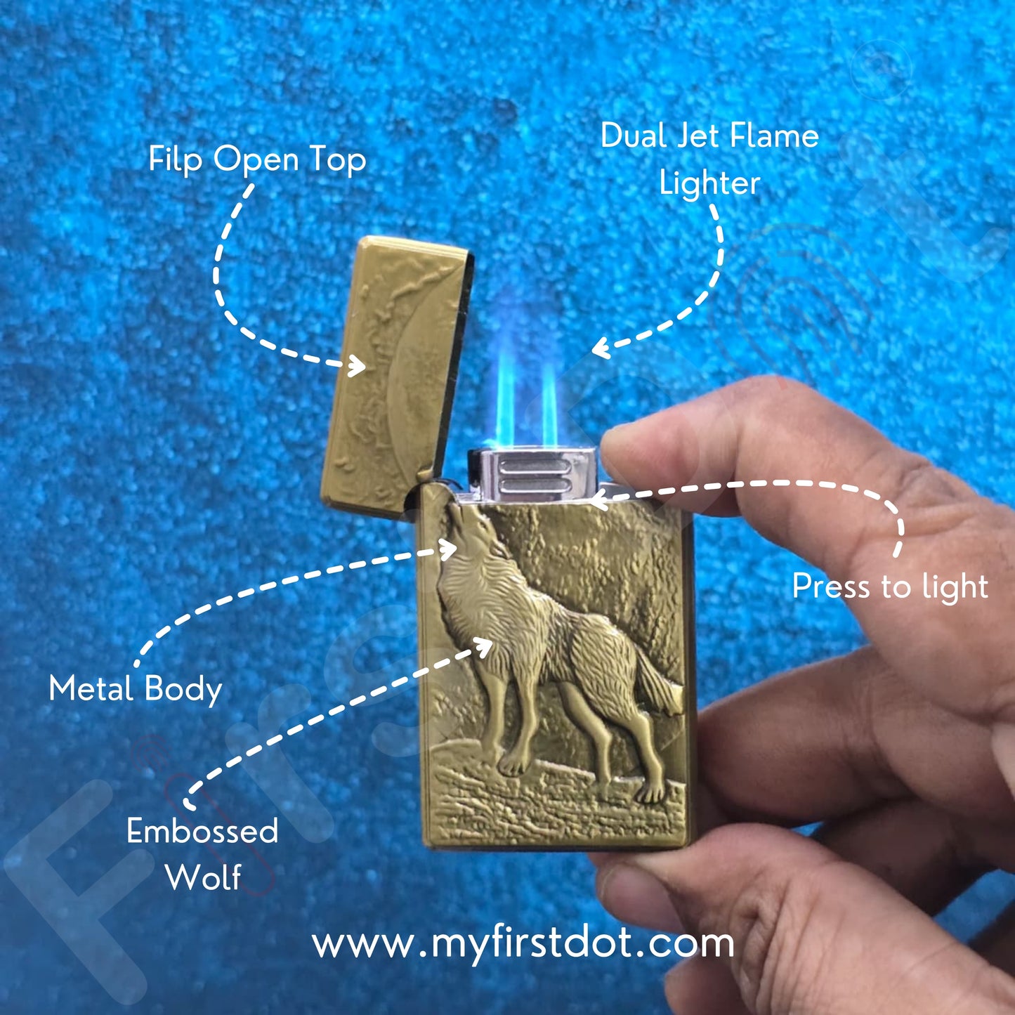 Wolf Engraved Dual Jet Flame Lighter