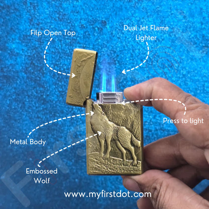 Wolf Engraved Dual Jet Flame Lighter