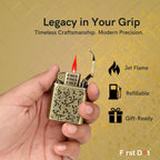 Luxury refillable cigarette lighter shown with cap open and flame ignited