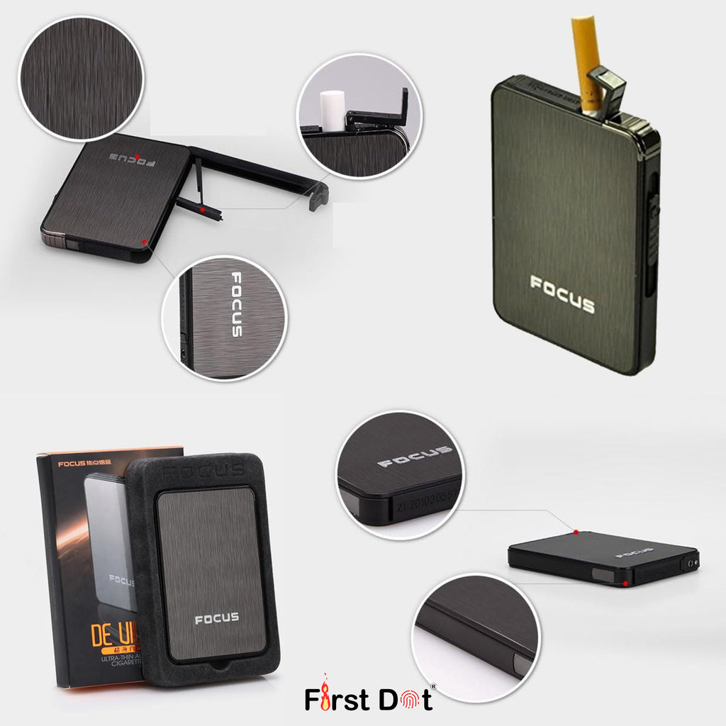 Collage of 'FOCUS' products with various angles on a white background, featuring the brand 'First Dot'. cigarette case with built-in lighter