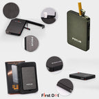 Collage of 'FOCUS' products with various angles on a white background, featuring the brand 'First Dot'. cigarette case with built-in lighter