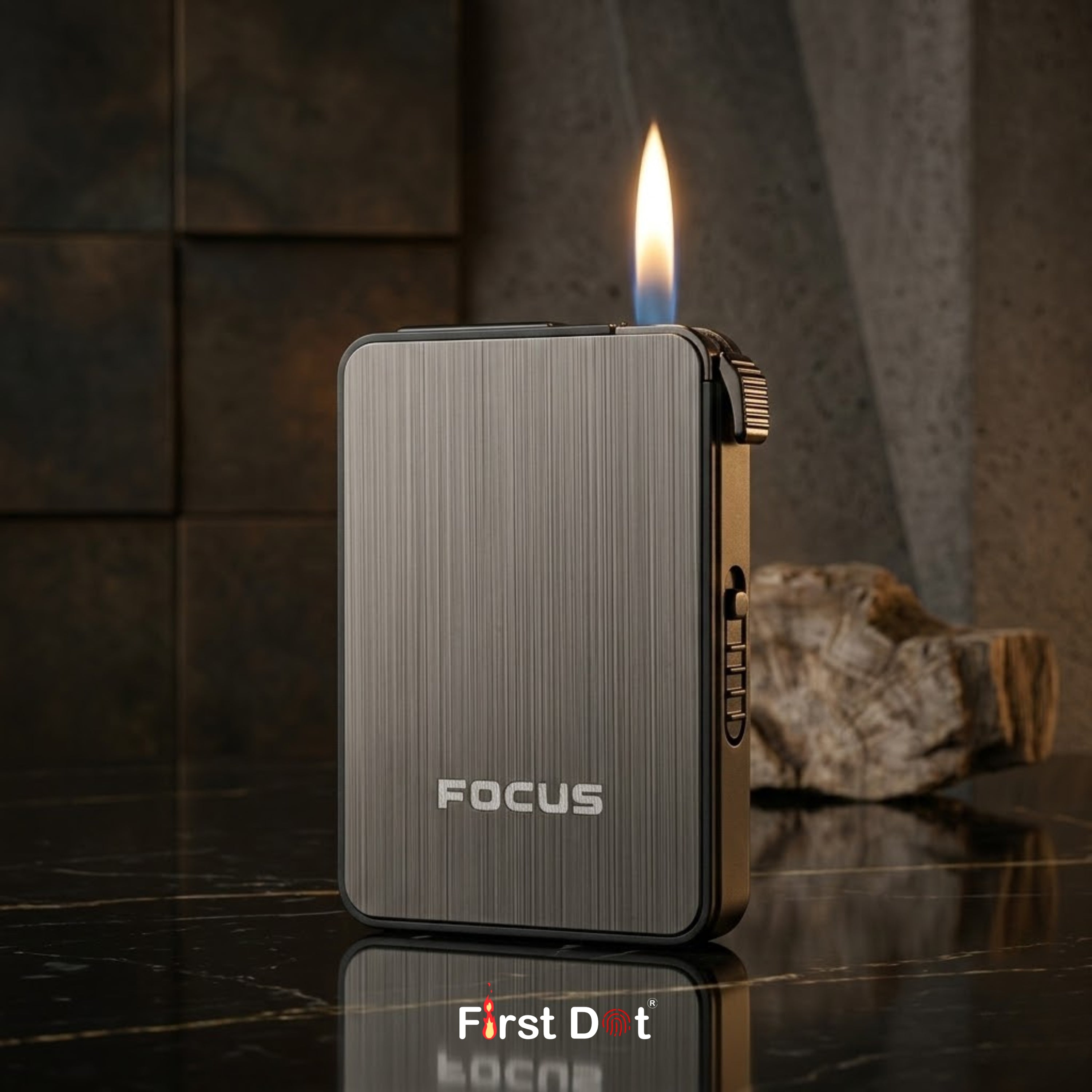 Focus lighter with flame on a reflective surface