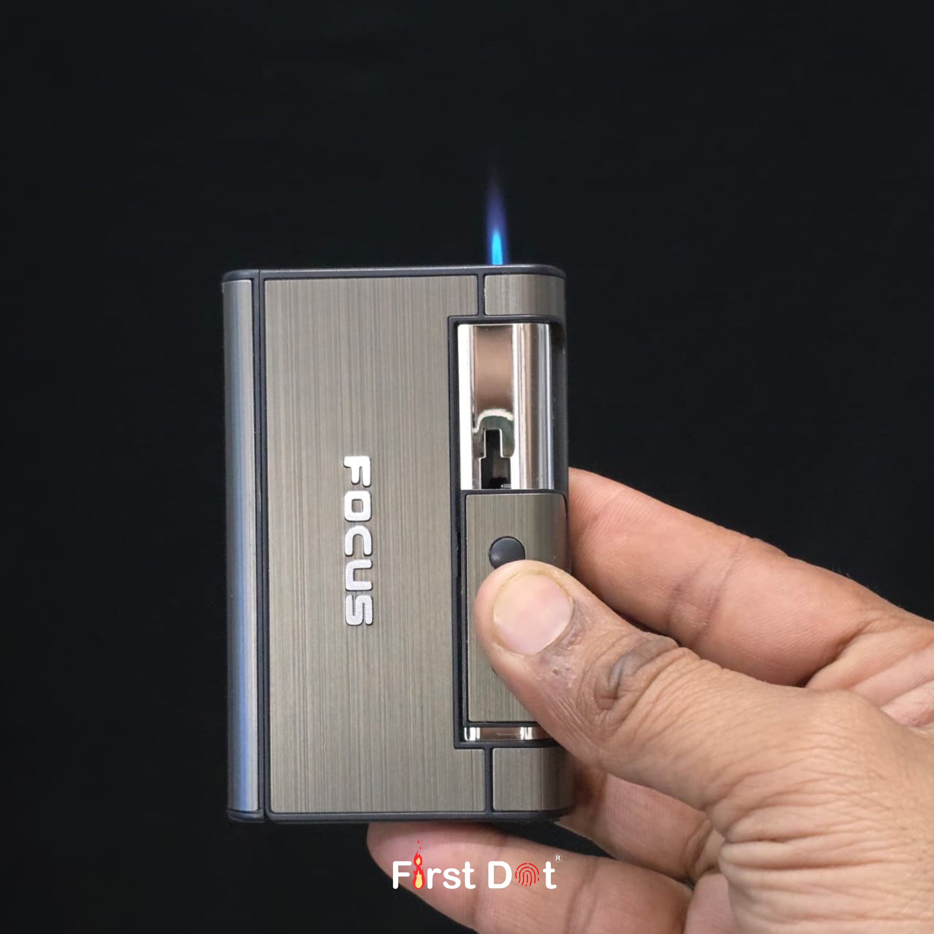 Focus Aluminium Pop-Up Cigarette Case with Jet Flame Lighter