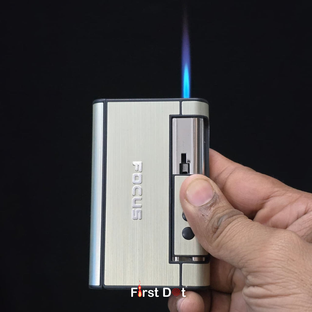 Focus aluminium cigarette case with built-in jet flame lighter. Automatic pop-up holder for 8 cigarettes. Stylish, durable, and travel friendly.