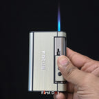 Focus aluminium cigarette case with built-in jet flame lighter. Automatic pop-up holder for 8 cigarettes. Stylish, durable, and travel friendly.