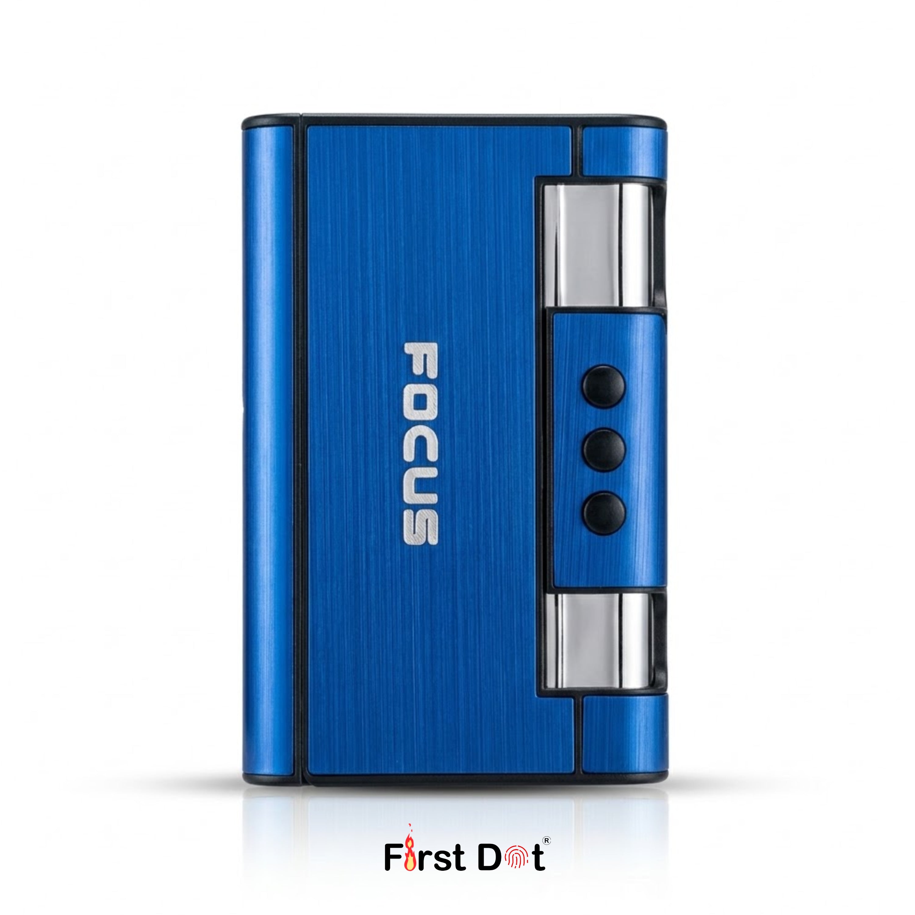 cigarette case with jet flame lighter with 'FOCUS' branding on a white background