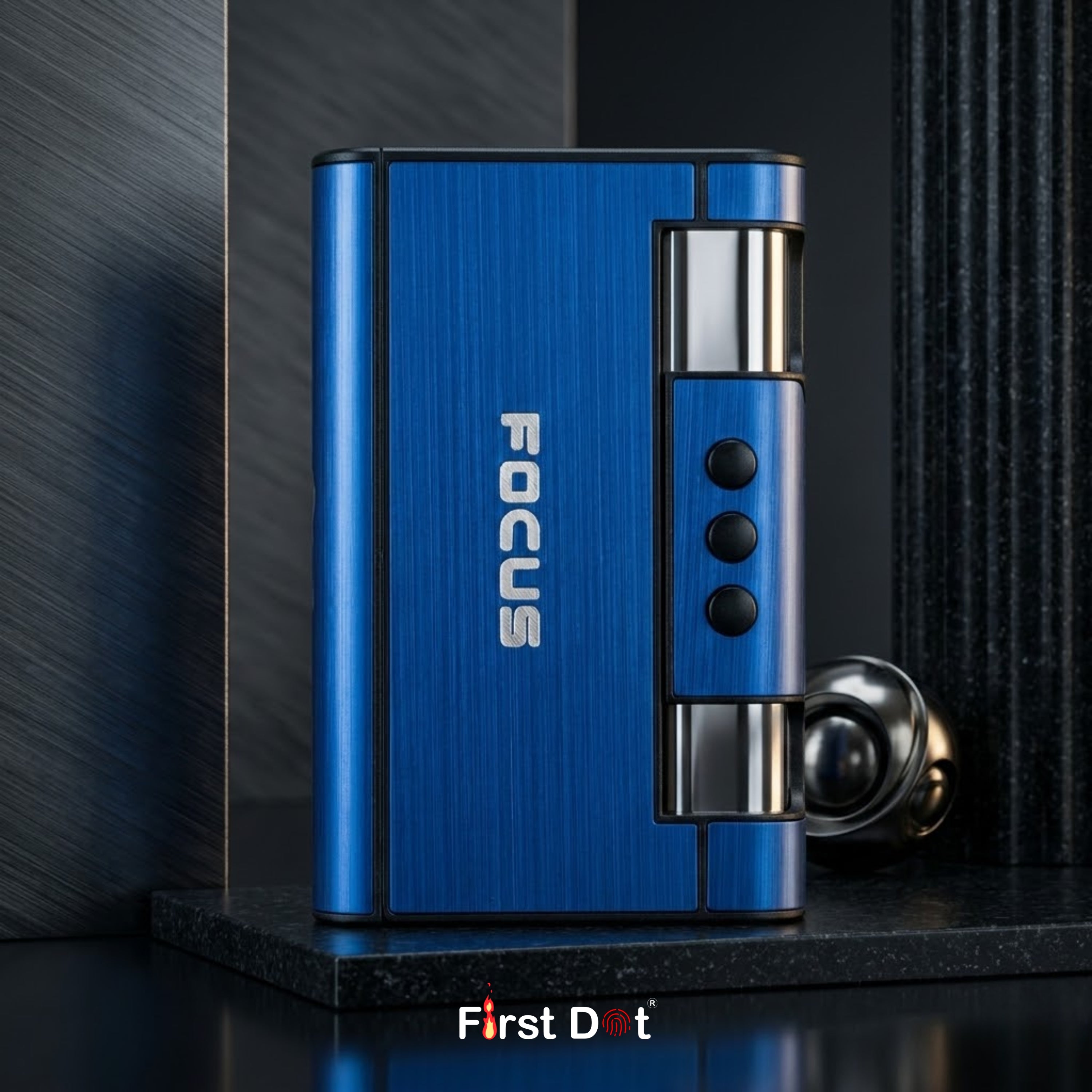 cigarette case with jet flame lighter with 'FOCUS' branding on a dark background