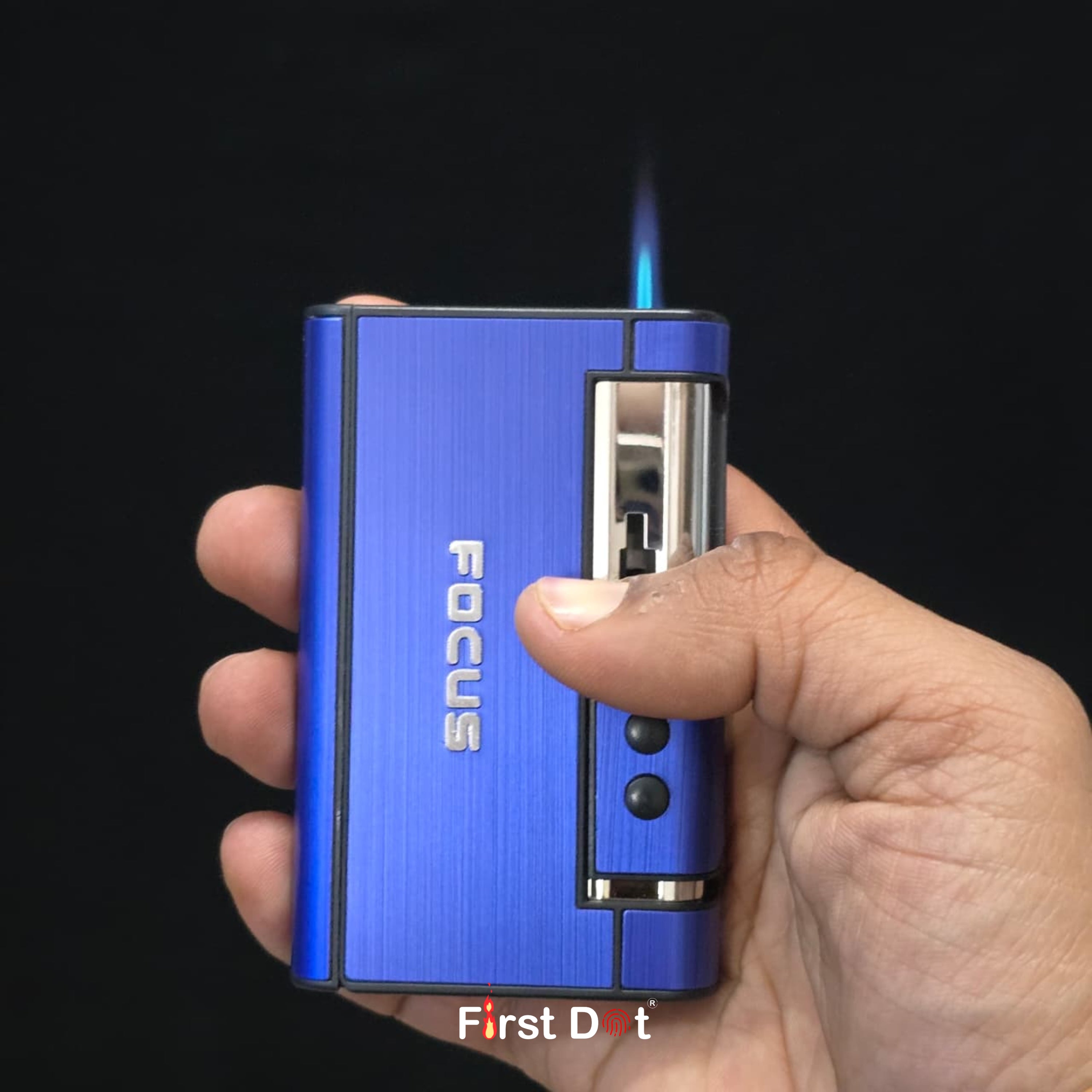 Hand holding a blue lighter with 'FOCUS' branding cigarette case with jet flame lighter