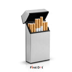 Silver cigarette case with cigarettes inside on a white background, featuring the 'First Dot' brand.