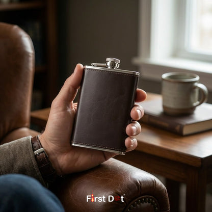 Brown Leather Wrapped Hip Flask | Pocket Flask for Travel 9oz