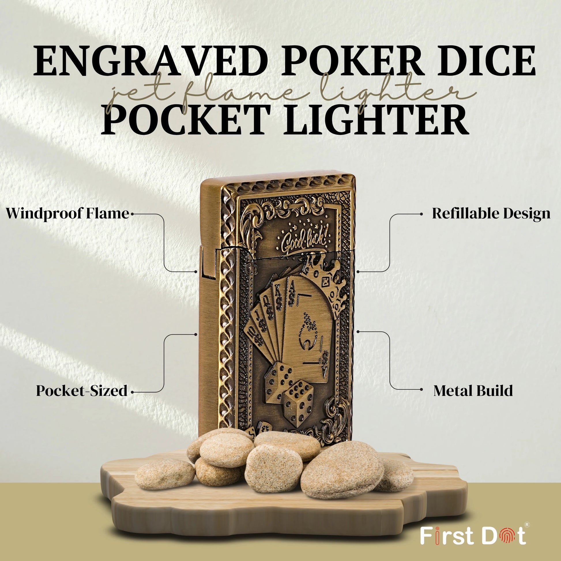 Engraved poker dice pocket lighter with features highlighted on a neutral background Good Luck Dice Embossed Premium Refillable Button Gas Lighter by First Dot